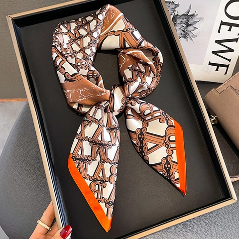 Mulberry Satin Scarf Elegant French Retro Letter Monogram Print Square Neckerchief Fashion Decorative Accessory For Women