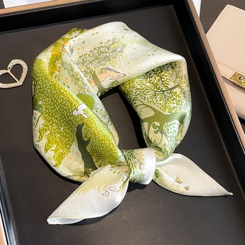 Women Mulberry Satin Scarf Forest Animal Deer Bird Print Elegant French Style Versatile Square Neck Head Accessory