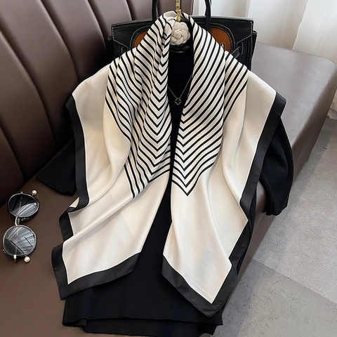Grande Sciarpa Quadrata Donna Nero Bianco Stampa Geometrica A Righe Twill Satin Foulard Stile Francese Elegante
