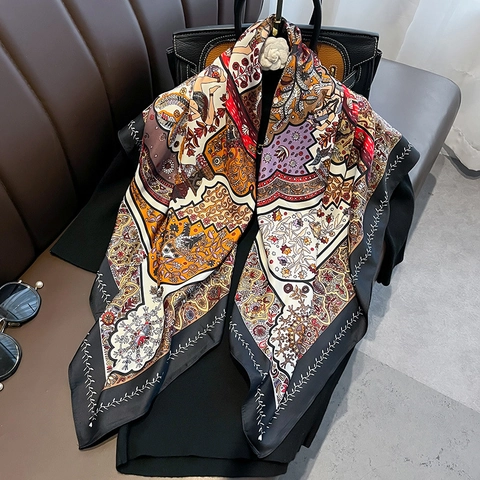 Damen Vintage Print Quadratischer Schal Großer Satin Seidiges Kopftuch Elegantes Paisley Blumen Tuch Für Anzüge