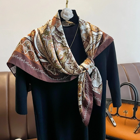 Damen Vintage Print Quadratischer Schal Großer Satin Seidiges Kopftuch Elegantes Paisley Blumen Tuch Für Anzüge