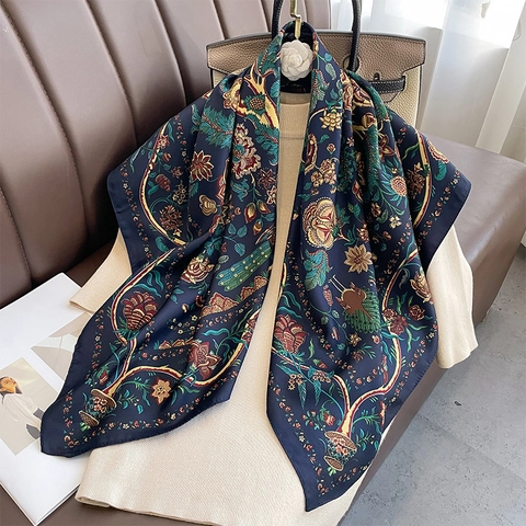 Vintage Floral Peacock Print Square Scarf Polyester Satin Elegant French Style Satin Like Headwear For Women