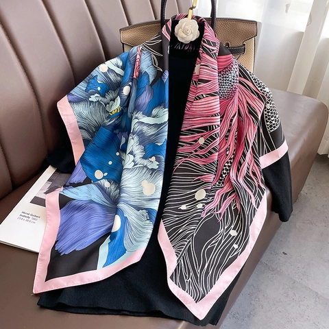 Grande Sciarpa Quadrata Poliestere Effetto Raso Stampa Floreale Pesce Koi Elegante Moda Foulard Per Donna