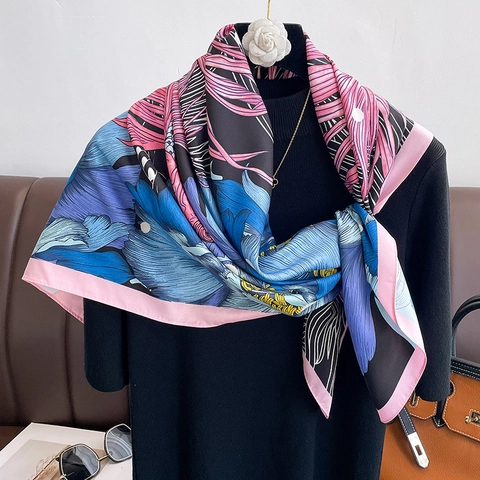 Grande Sciarpa Quadrata Poliestere Effetto Raso Stampa Floreale Pesce Koi Elegante Moda Foulard Per Donna