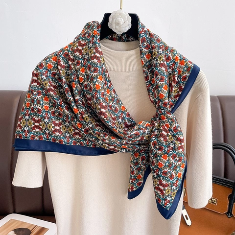 Floral Print Square Scarf Retro Bohemian Twill Satin Satin Feel Shawl For Women Multi-functional Sun Protection Head Wrap