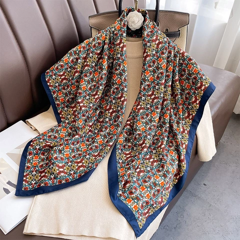 Floral Print Square Scarf Retro Bohemian Twill Satin Satin Feel Shawl For Women Multi-functional Sun Protection Head Wrap