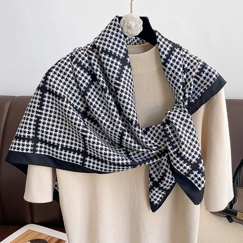 Elegant Houndstooth Pattern Square Scarf Satin Like Satin Large Neckerchief Shawl For Women Vintage Style
