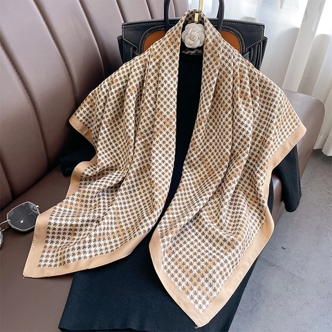 Elegant Houndstooth Pattern Square Scarf Satin Like Satin Large Neckerchief Shawl For Women Vintage Style
