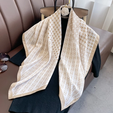 Foulard Quadrato Da Donna Poliere Sensazione Raso Pied De Poule Stampa Catena Geometrica Scialle Grande Elegante