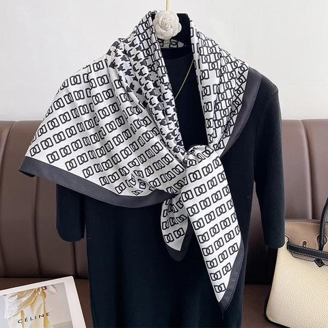Foulard Quadrato Da Donna Poliere Sensazione Raso Pied De Poule Stampa Catena Geometrica Scialle Grande Elegante