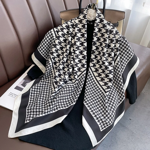 Elegante Foulard Quadrato Pied De Poule Raso Sintetica Poliestere Smerigliato Scialle Avvolgente Stile Francese Accessorio Moda