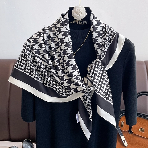 Elegante Foulard Quadrato Pied De Poule Raso Sintetica Poliestere Smerigliato Scialle Avvolgente Stile Francese Accessorio Moda