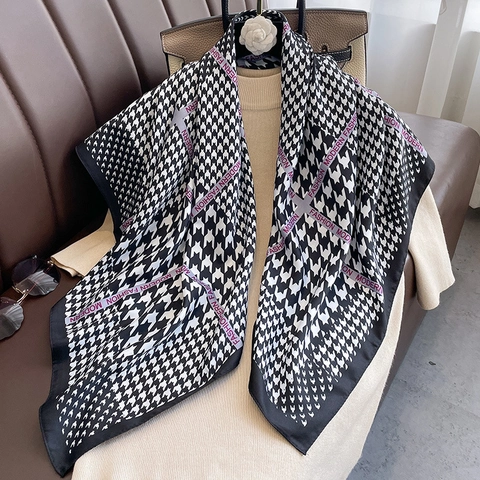 Houndstooth Plaid Square Scarf Elegant Polyester Satin Shawl Sun Protection Versatile Fashion Letter Print For Women