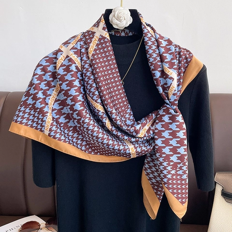 Houndstooth Plaid Square Scarf Elegant Polyester Satin Shawl Sun Protection Versatile Fashion Letter Print For Women