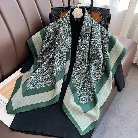Vintage Print Square Scarf Satin Like Satin Head Wrap Elegant Retro Sun Protection Shawl For Women