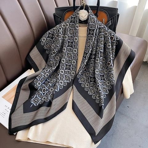 Vintage Print Square Scarf Satin Like Satin Head Wrap Elegant Retro Sun Protection Shawl For Women