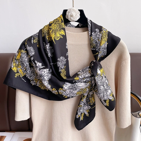 Carré De Satin Imprimé Floral Satin Polyester Foulard Vintage Pour Femme Grand Foulard Pour Vacances Protection Solaire
