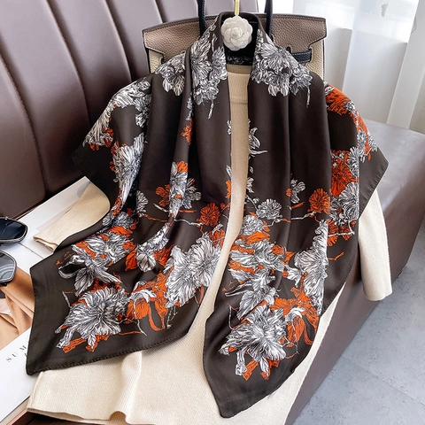 Carré De Satin Imprimé Floral Satin Polyester Foulard Vintage Pour Femme Grand Foulard Pour Vacances Protection Solaire