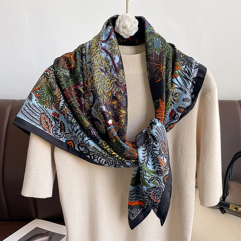Luxury Twill Square Scarf Large Polyester Satin Like Floral Tropical Print Elegant Vintage Shawl For Women Lightweight Versatile