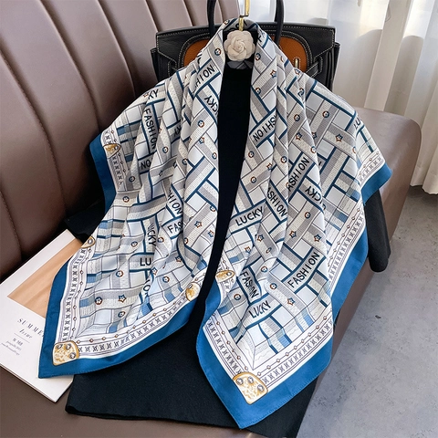 Women Square Scarf Geometric Twill Polyester Scarf Fashion Letter Print Shawl For Daily Decoration