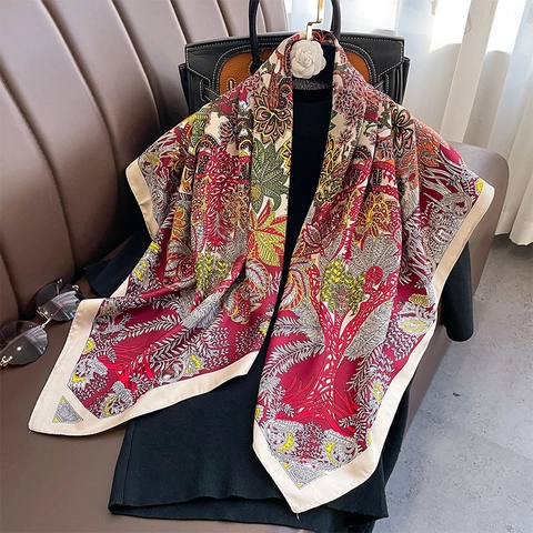 Luxury Twill Square Scarf Large Polyester Satin Like Floral Tropical Print Elegant Vintage Shawl For Women Lightweight Versatile