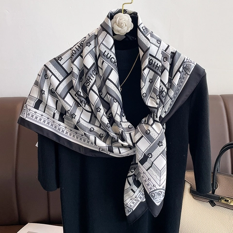 Women Square Scarf Geometric Twill Polyester Scarf Fashion Letter Print Shawl For Daily Decoration