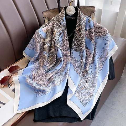Elegant Large Square Scarf Satin Polyester Twill Classical Architecture Print Retro Shawl For Women Luxury Fashion Wrap