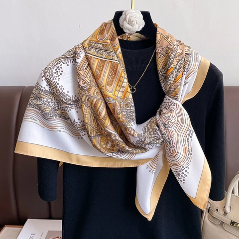 Elegant Large Square Scarf Satin Polyester Twill Classical Architecture Print Retro Shawl For Women Luxury Fashion Wrap