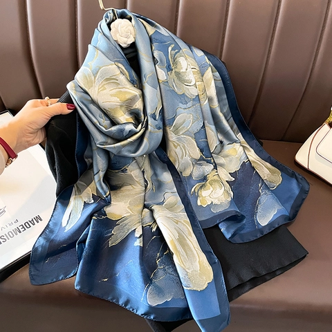 Sciarpa Elegante Da Donna Con Stampa Floreale Effetto Raso Grande Scialle Avvolgente Protezione Solare Spiaggia Viaggio Estate