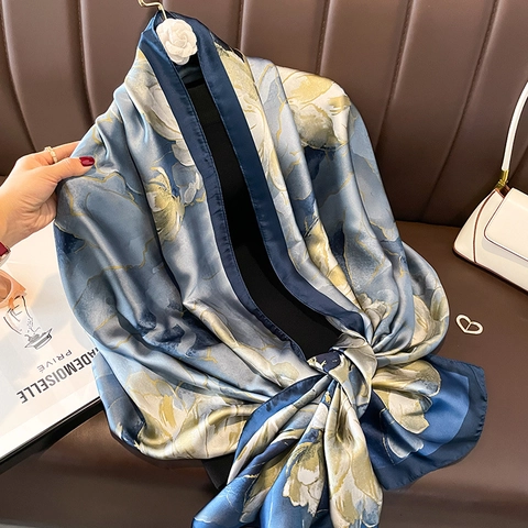 Sciarpa Elegante Da Donna Con Stampa Floreale Effetto Raso Grande Scialle Avvolgente Protezione Solare Spiaggia Viaggio Estate
