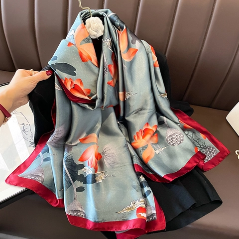 Vintage Chinese Style Lotus Print Long Satin Scarf For Women Faux Silk Beach Shawl Grey Blue Red Wrap Elegant Accessories