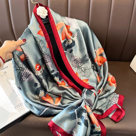 Vintage Chinese Style Lotus Print Long Satin Scarf For Women Faux Silk Beach Shawl Grey Blue Red Wrap Elegant Accessories