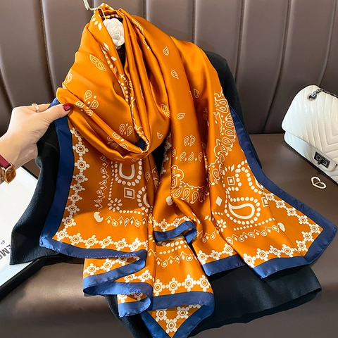Vintage Paisley Floral Print Satin Scarf For Women Large Thin Shawl Orange Navy Contrast Color Fashion Wrap Accessory