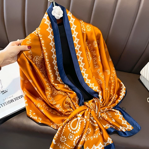 Vintage Paisley Floral Print Satin Scarf For Women Large Thin Shawl Orange Navy Contrast Color Fashion Wrap Accessory