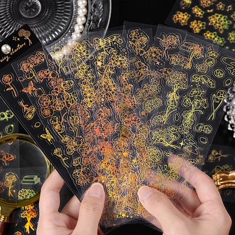 Flower Butterfly Stickers Waterproof PET Gold Foil Laser Transparent Scrapbooking DIY Decorative Vintage Journals