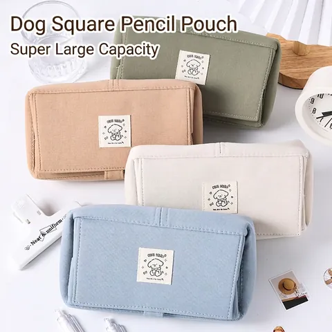 Trousse À Crayons Grande Capacité En Toile Patch Chien Mignon Fermeture À Rabat Sac De Rangement Pour Étudiants