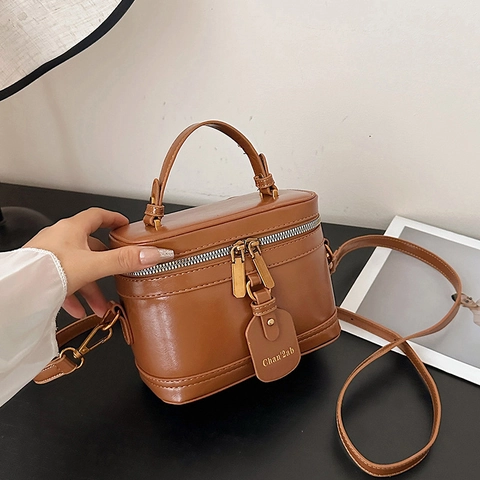 Damen Retro Box Umhängetasche PU Leder Kosmetiktasche Mit Griff Goldener Hardware Mode Schultertasche