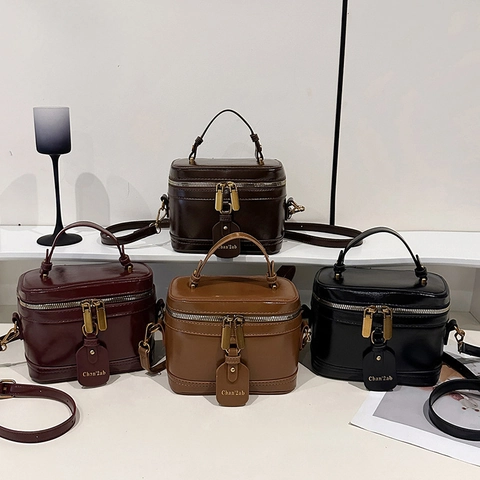 Damen Retro Box Umhängetasche PU Leder Kosmetiktasche Mit Griff Goldener Hardware Mode Schultertasche