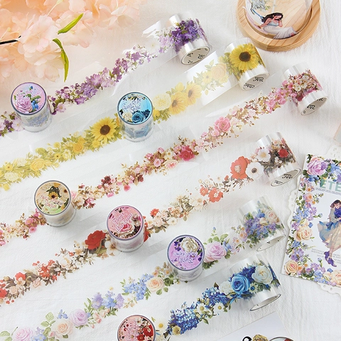 Nastro Decorativo PET Floreale Impermeabile Trasparente Adesivi Fiori Vintage Scrapbooking DIY Journaling Collage Artigianato Arte