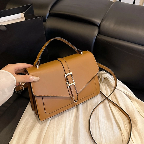 Women Crossbody Bag PU Leather Retro Square Handbag Flap Gold Buckle Adjustable Strap Top Handle Simple Fashion