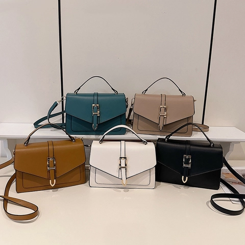 Women Crossbody Bag PU Leather Retro Square Handbag Flap Gold Buckle Adjustable Strap Top Handle Simple Fashion