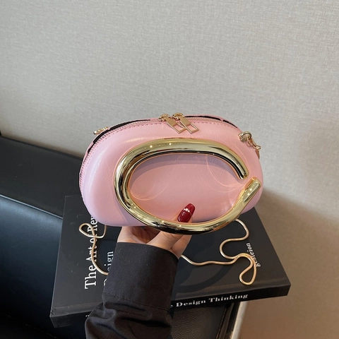Women Vintage PU Leather Square Box Bag with C-shaped Metal Handle Gold Chain Strap Crossbody Shoulder Bag for Party Evening