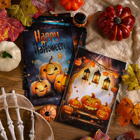 Halloween Greeting Cards Postcards And Stickers Cardboard Magic Night Pumpkin Ghost Illustration Vintage Party Decor