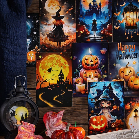Halloween Greeting Cards Postcards And Stickers Cardboard Magic Night Pumpkin Ghost Illustration Vintage Party Decor