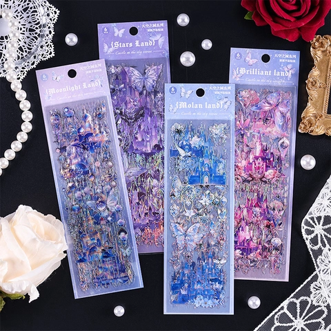 Adesivi PET Dreamy Castle Impermeabile Laser Argento Stampaggio Farfalla Decorativa Per DIY Journaling Scrapbooking Fantasy