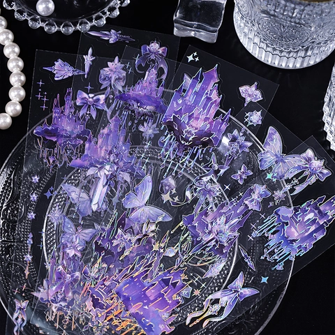Adesivi PET Dreamy Castle Impermeabile Laser Argento Stampaggio Farfalla Decorativa Per DIY Journaling Scrapbooking Fantasy