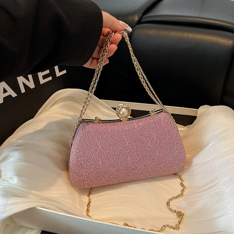 Women Evening Clutch Bag Glitter PU Leather Lace Texture Artificial Pearl Lock Chain Strap Party Wedding Box Purse