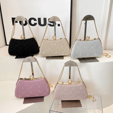 Women Evening Clutch Bag Glitter PU Leather Lace Texture Artificial Pearl Lock Chain Strap Party Wedding Box Purse