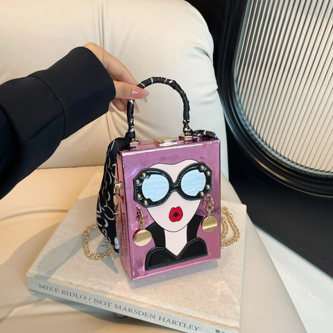 Damen Spiegel PU Leder Box Umhängetasche Pop Art Gesicht Design Schal Griff Gold Kette Gurt Trendige Nische Party Handtasche