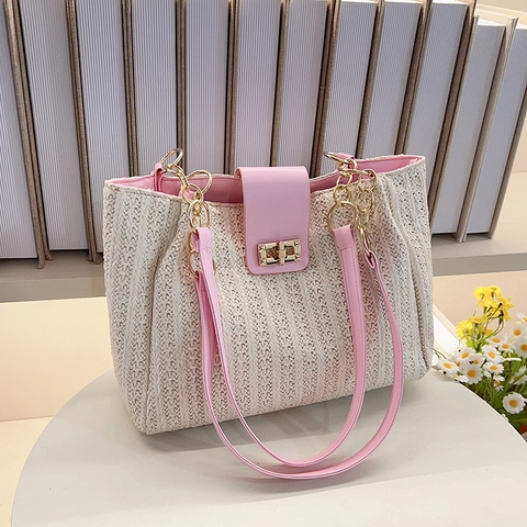 Borsa Tote In Paglia Intrecciata Grande Capacità Borsa Da Spiaggia Estiva Con Tracolla A Catena E Chiusura Girevole In Metallo Per Donne